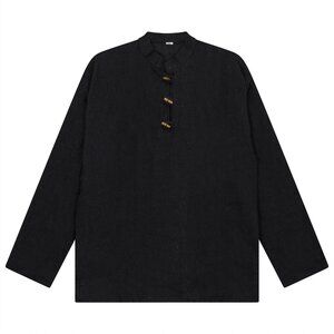 Men casual black Shirt Collarless Plain Cotton LongSleeve button Top cotton boho